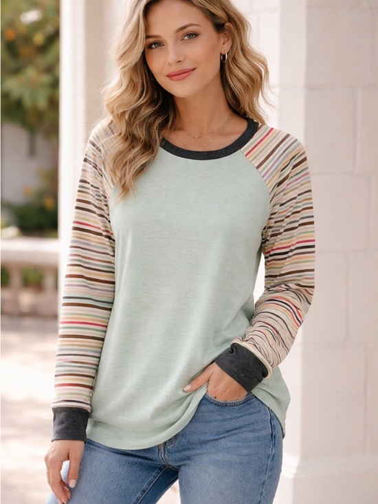 Mystree Tops - Mystree Mint Raglan Long-Sleeve Top with Striped Sleeves - size small